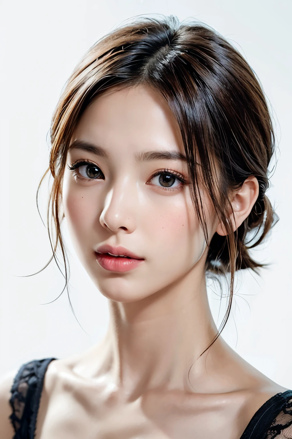 ((masterpiece, Highest quality, High resolution)), One Girl, (Realistic: 1.4), alone, White Background, snow-White Background, ((From above, A little above, look up at the viewer, look up, look up at the camera, Looking into the camera)), Mouth closed, Smile, Smile, Smile, Beautiful black hair, short hair, Big eyes, Transparent double eyelids, eyelash, Listen carefully, Long neck, Long neck, Absolute area, (Draw the whole head, shoulder), 19 years old, Attractive proportions, Shiny skin, Beautiful collarbone, Golden ratio face, Perfect Face, Tearful mole, Mole on chest, bangs:2, clean bangs:2, Lip gloss, Thin lips, Fair skin, naked, Big Breasts, Small face, Small face, Draw the whole head, draw all shoulder,