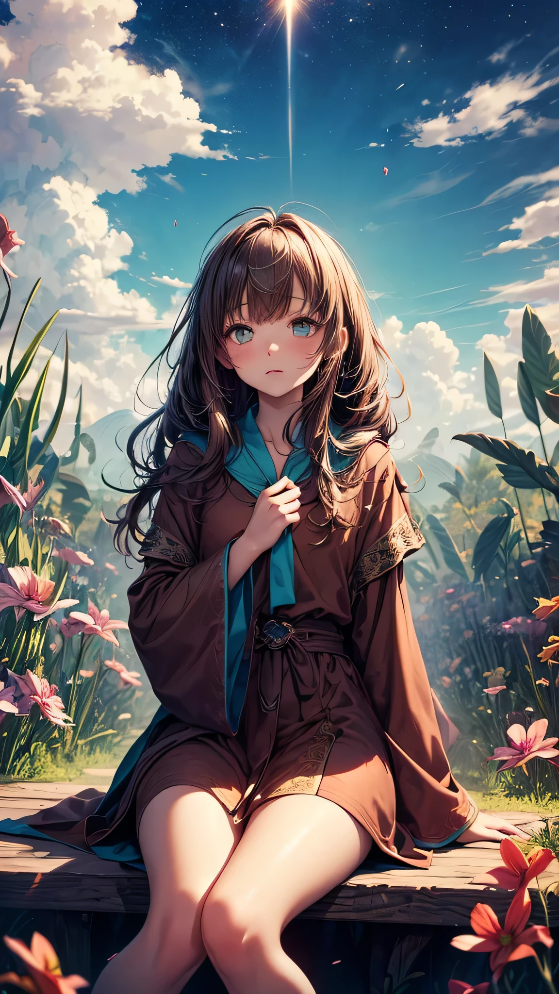 (Highest quality, masterpiece), Turquoise Screen Filter, (One girl, alone, Brown robes, expression, look up, Sitting, Wide sleeves, Iris, Long Hair, Cowboy Shot), (sunny, Cosmos field, cloud),
