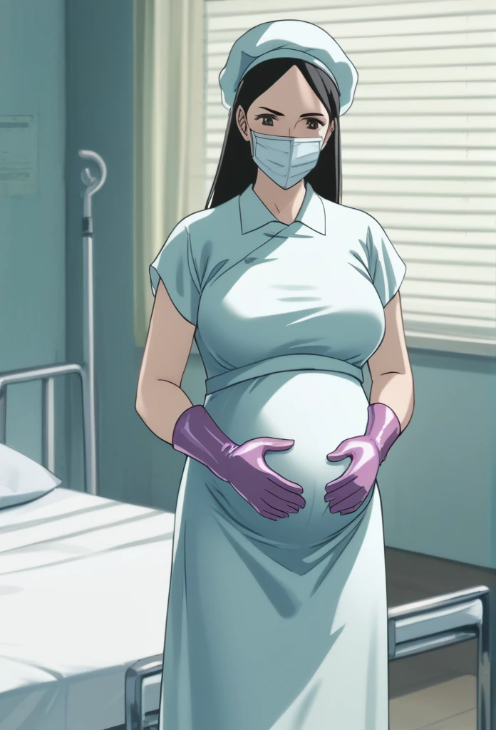 score_9, score_8_up, score_7_up, source_anime, raw image, masterpiece, highest quality, natural light, patient room background, kasuganoray, good shape, pale skin, shy eyes, big breasts, scrubs, surgical mask, bouffant cap, bachelor's evening dress,
1girl, pregnant, solo, rubber gloves, looking down, furrowed brow, hospital bed, standing, even though she's pregnant she has a good figure,