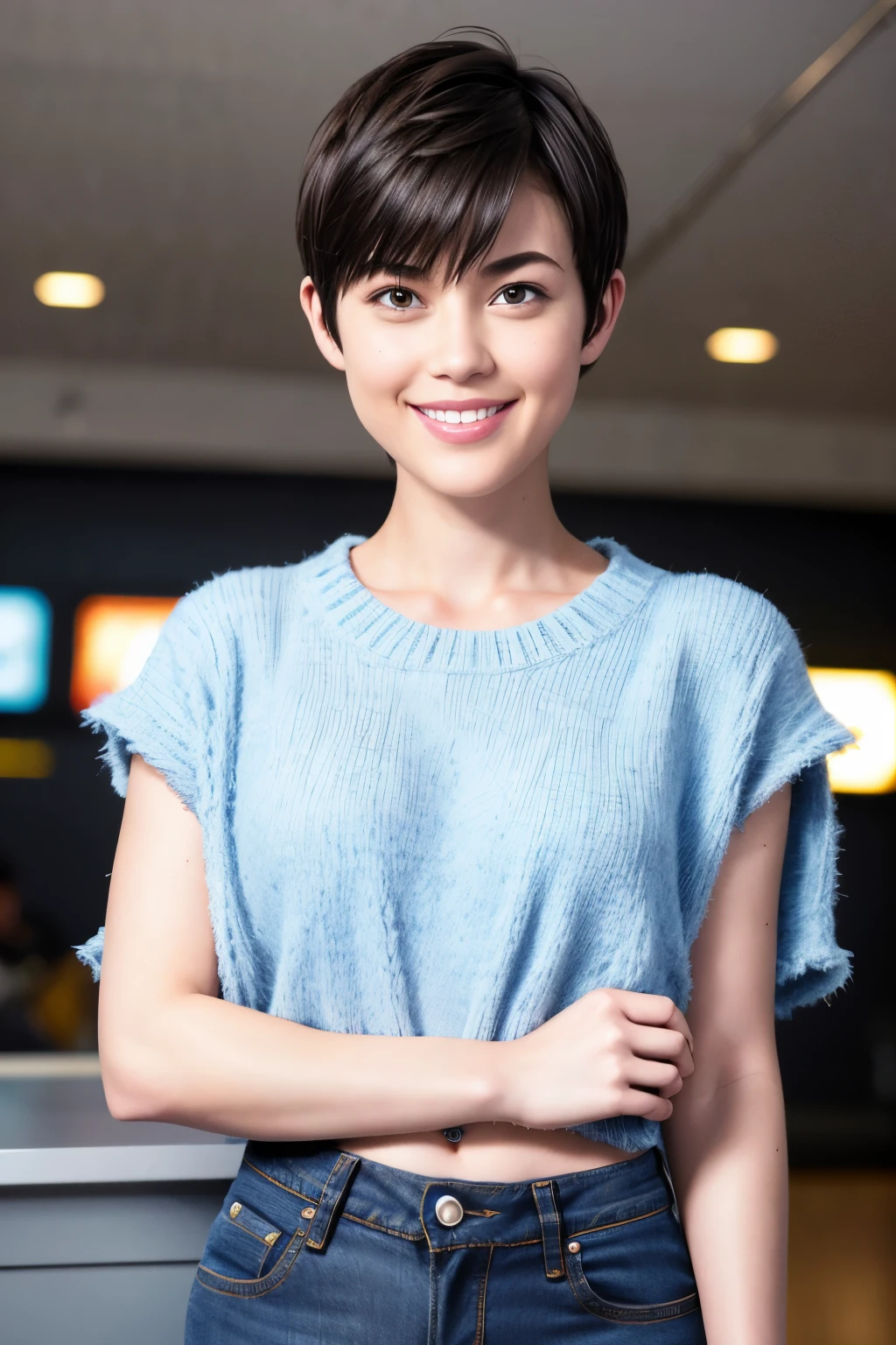 255 20-year-old female, (short hair),jeans, smile