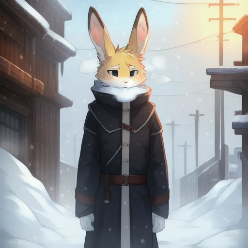 solo, male, rabbit, yellow colored fur, lean body, anthropomorphic rabbit, snow blizzard, Frostpunk, 19th century winter clothes, cold scene, steam core in background, depressing style