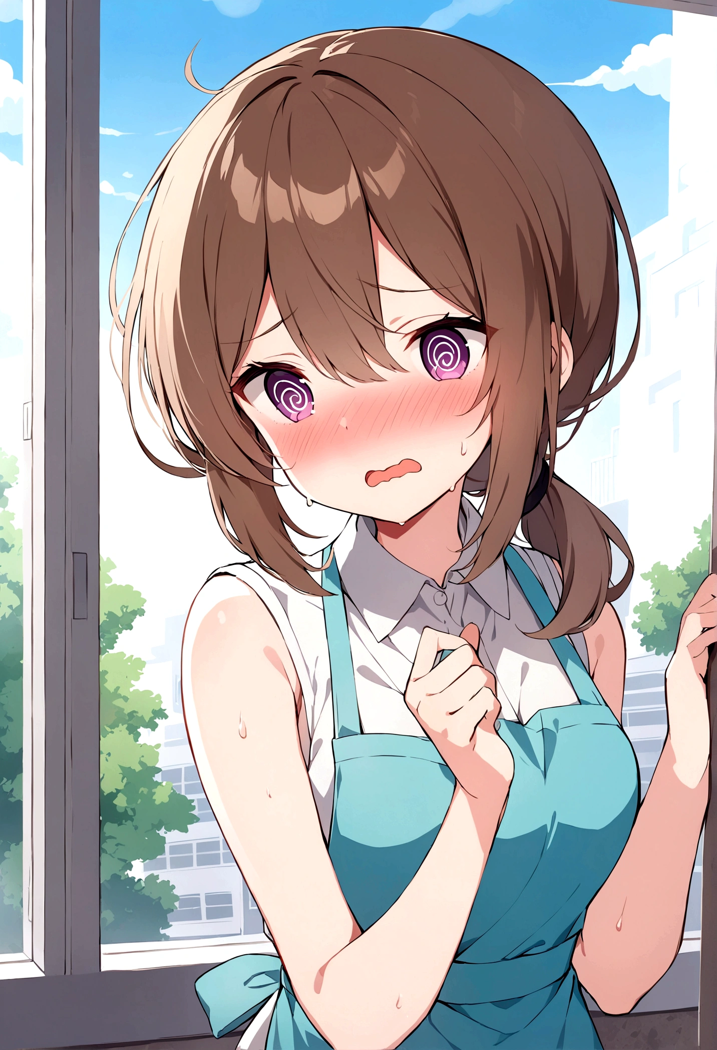 slender, mature female,blush, 1girl, shirt, bangs, white_shirt, open_mouth, solo, purple_eyes, eyebrows_visible_through_hair, indoors, collared_shirt, sweat, long_hair, window, sidelocks, nose_blush, upper_body, brown_hair, sleeveless_dress, @_@, sleeveless, hand_up, wavy_mouth, hair_between_eyes, apron, ponytail, hands_up, looking_at_viewer, outdoors, looking_away, building, low_ponytail, sky