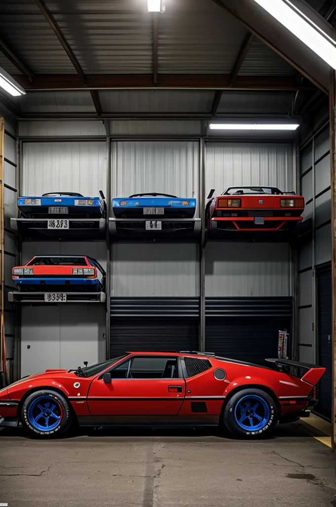De tomaso Pantera GT5 in a Japanese garage with JDM automotive posters on the wall