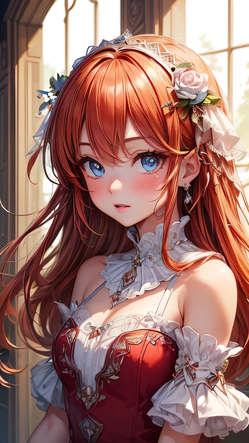 ((Highest quality, 16K, masterpiece: 1.3)), (Very delicate and beautiful face), (Beautiful eyes in every detail),(Embarrassing), Redhead, Orange Hair, Wellie Art Style, One girl, blush, Upper Body, Highly detailed eyes, clavicle, Frill dress, Open your mouth