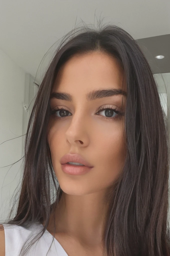 Female model 20 years old, long hair. brunette. Model appearance. Thin, sophisticated. Simple Lunchtime Natural Makeup. Lips are full and seductive.Upper body part photo. Live Photo. Instagram selfie