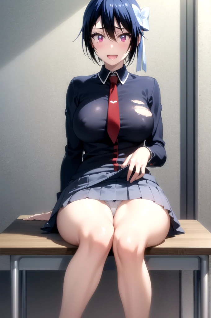 (masterpiece:1.2), best quality, high resolution, unity 8k wallpaper, (illustration:0.8), (beautiful detailed eyes:1.6), extremely detailed face, perfect lighting, extremely detailed CG, (seishirou tsugumi, red eyes, black hair, short hair, hair ribbon, big breast, solo,), sitting, spread legs, Sailor suit, cameltoe, no bra, show off nipple, nipple, torn clothes, open-breast clothes, very short skirt, lift skirt, lace white panties, spread vagina, gleaming skin, moist skin, embarrassed, open mouth, noon, in the classroom, from below, looking at viewer, happy smile,