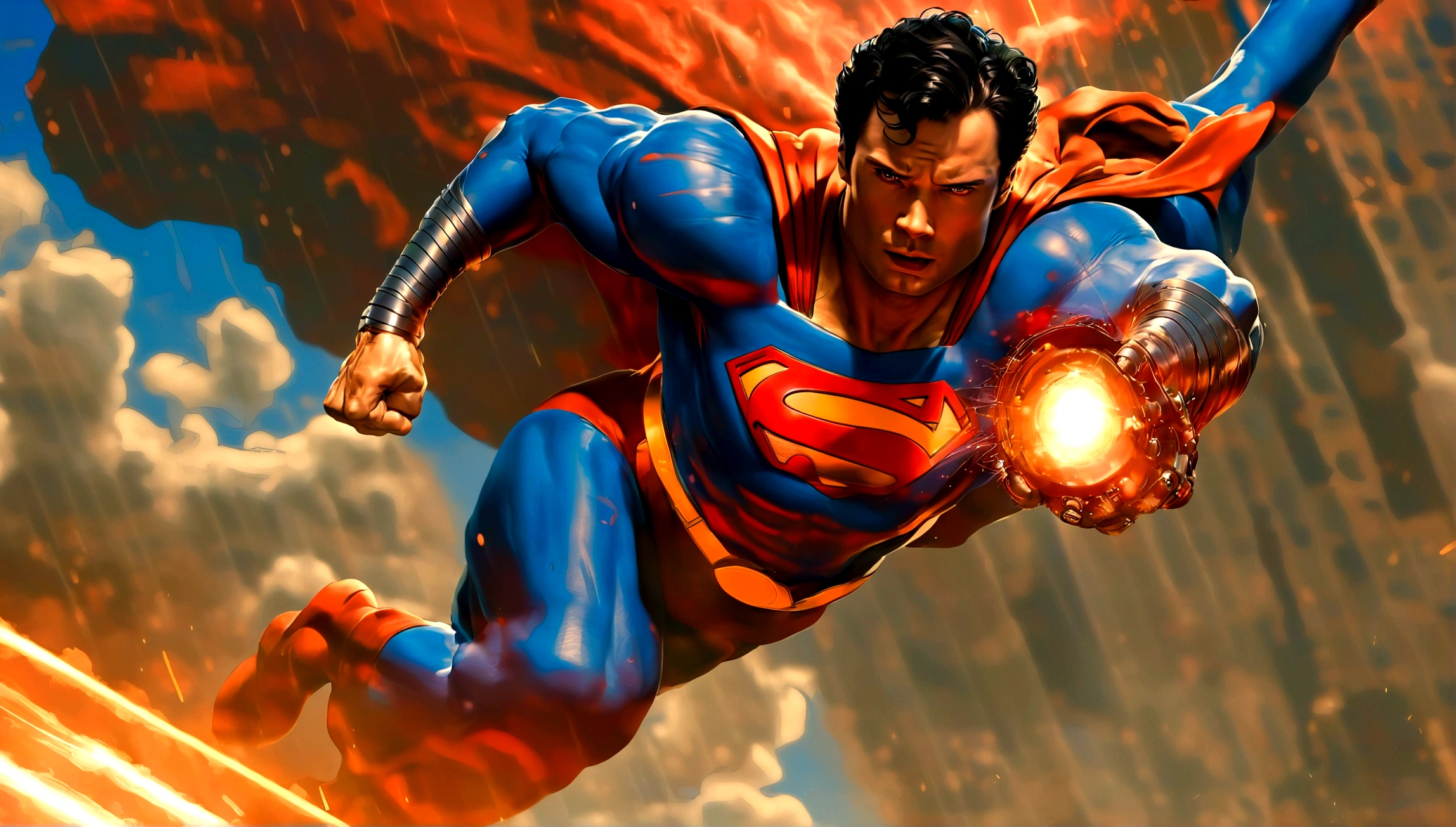 back of Superman played by Tom Welling punching big robot into the sky