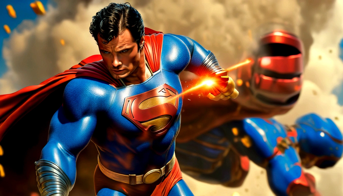 back of Superman played by Tom Welling punching big robot into the sky