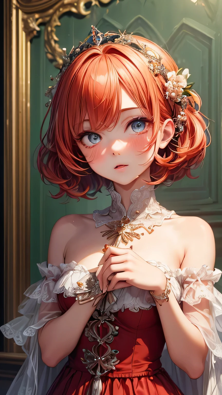 ((Highest quality, 16K, masterpiece: 1.3)), (Very delicate and beautiful face), (Beautiful eyes in every detail),(Embarrassing), Redhead, Orange Hair, Wellie Art Style, One girl, blush, Upper Body, Highly detailed eyes,  clavicle, Frill dress, Open your mouth