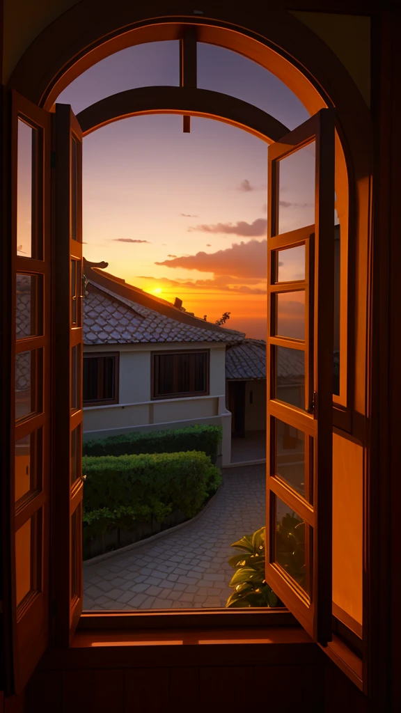 View of a sing;e window of the bungalo (villa), dark time of the day, evening, sunset, 4K quality, high-quality tinted window