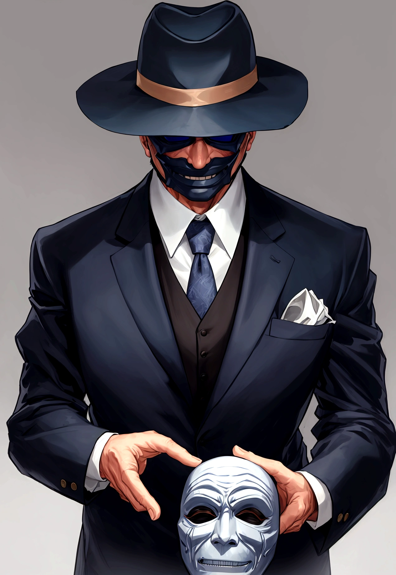 old man in a suit, only upper body, with a fedora , put a cool mask on his face and make him realistic