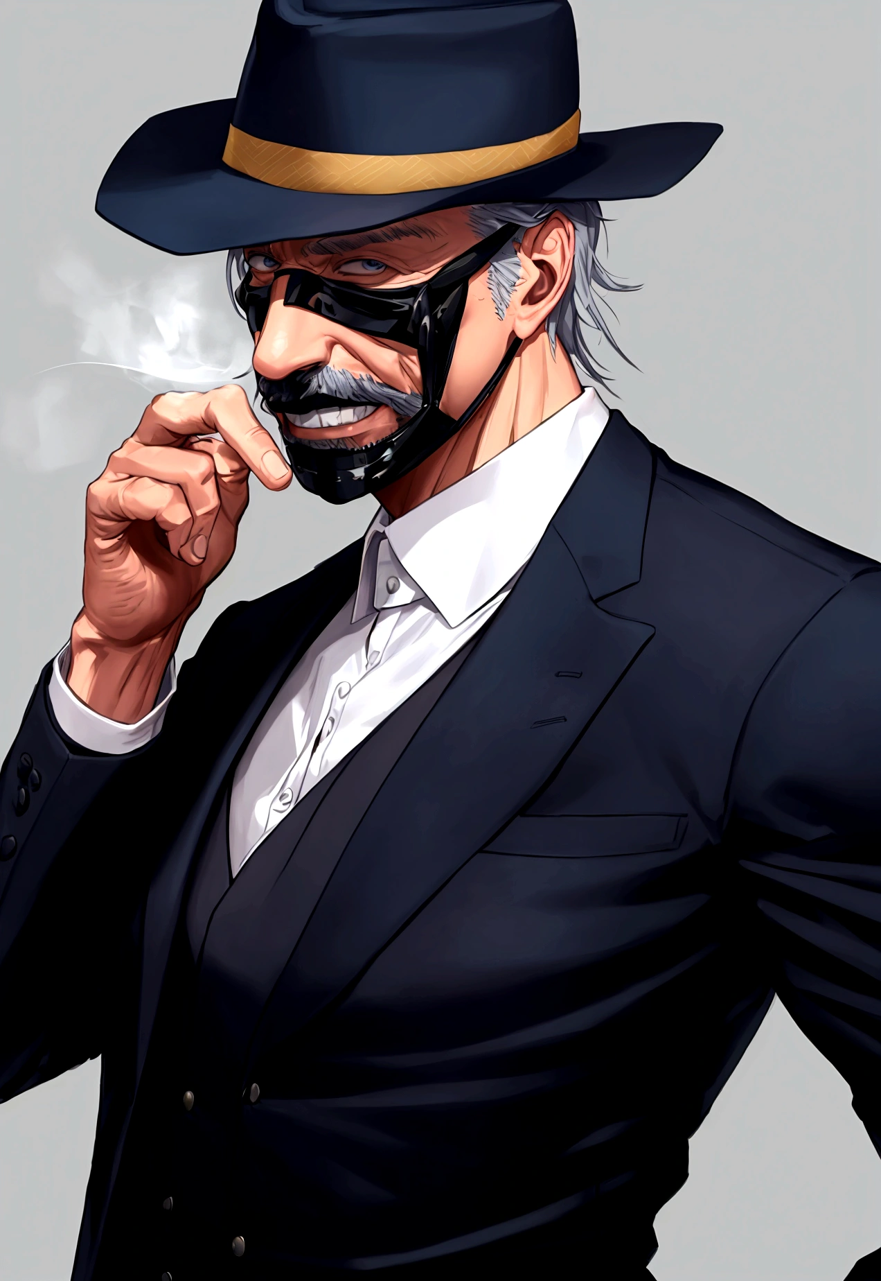 old man in a suit, only upper body, with a fedora , put a cool mask on his face and make him realistic