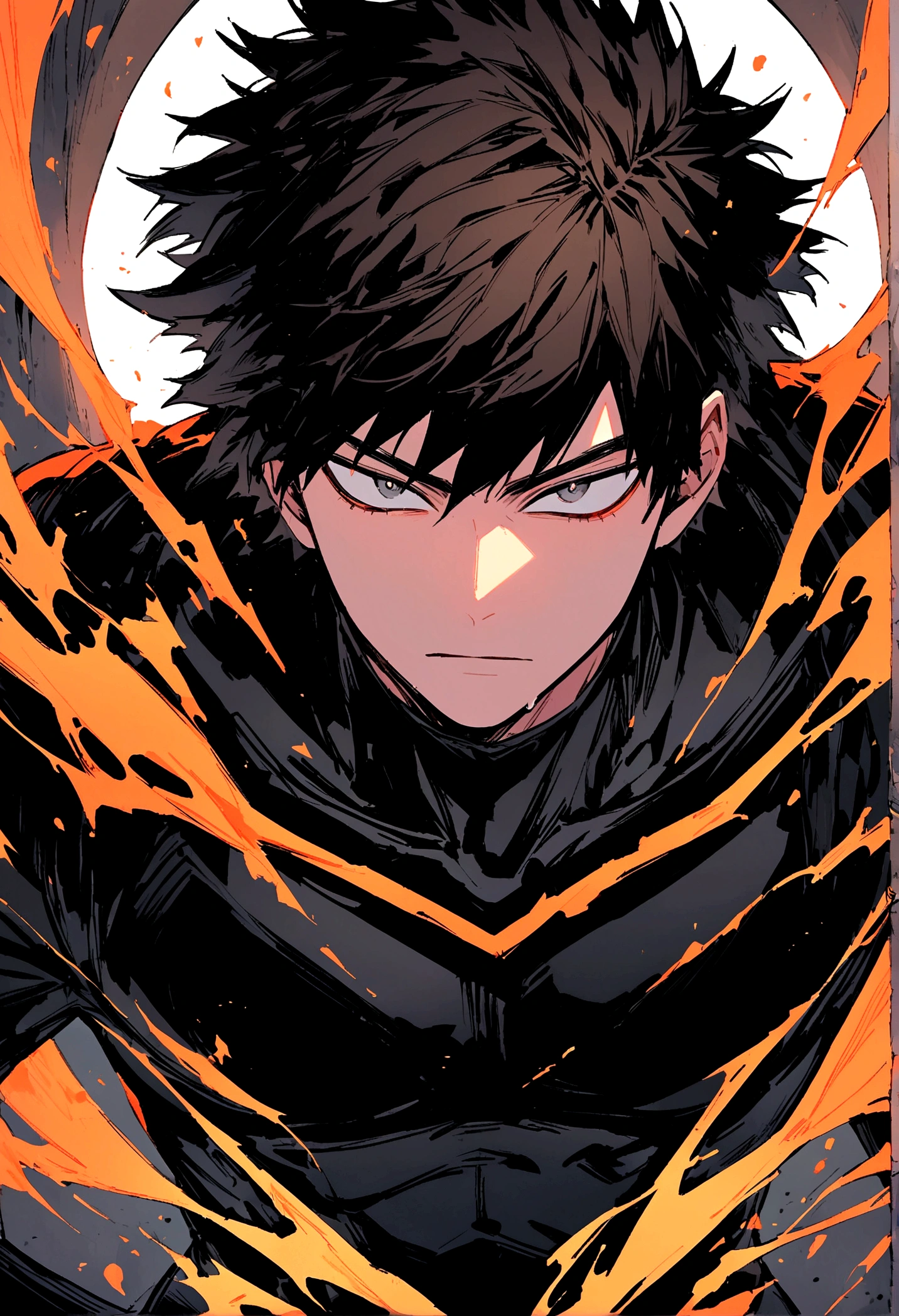 Boko no hero academia comics panel of a male. he has dark brown hair, and gray eyes. he is a hero, he is wearing a black hero costume