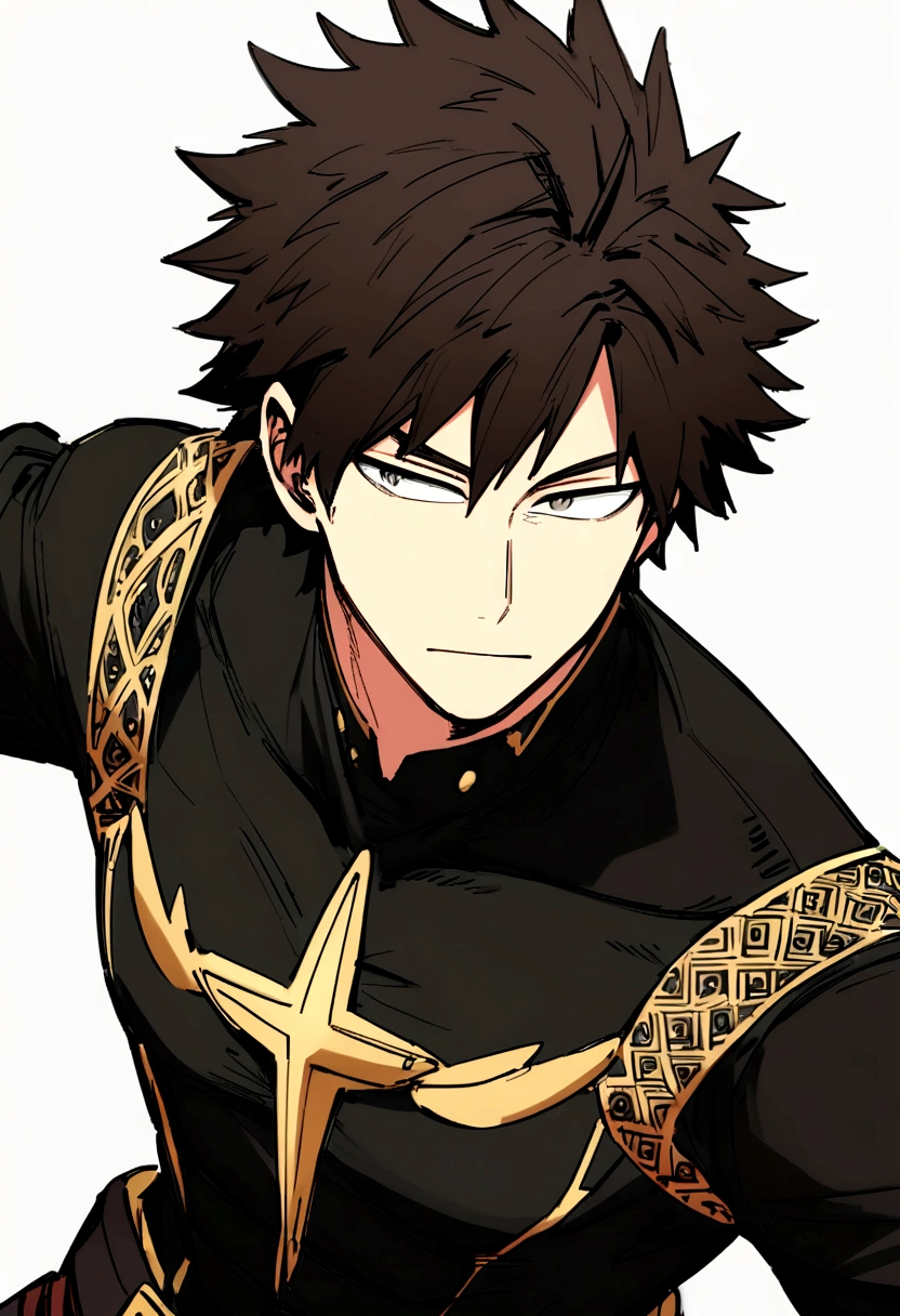 Boko no hero academia comics panel of a male. he has dark brown hair, and gray eyes. he is a hero, he is wearing a black hero costume