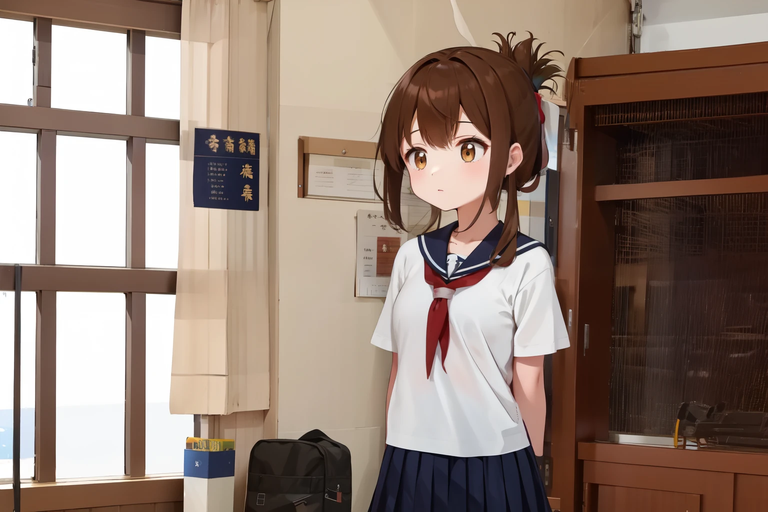 A female student in a sailor uniform is watching a physical education class in the gymnasium because she is feeling unwell,(masterpiece, best quality:1.2),illustration,8K,HD,1girl,独奏,upper body,(portrait:1.2),brown_hair,folded_ponytail,brown_eyes,serafuku,long_hair,school_uniform,skirt,pleated_skirt,