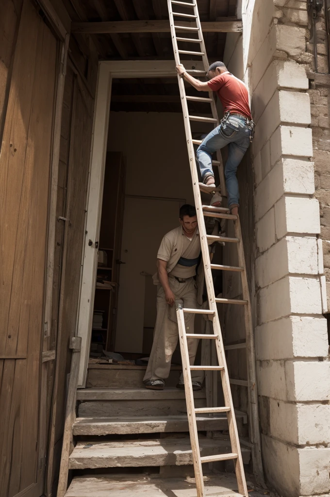 Man climbing a ladder with several steps