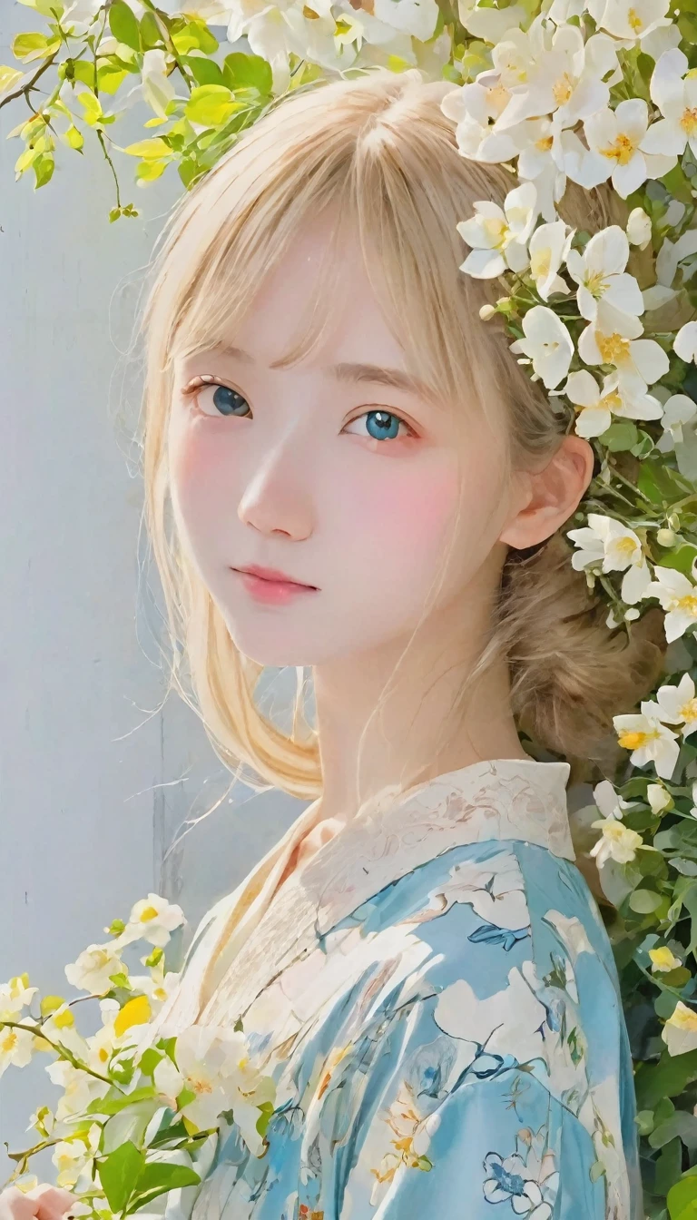 (((Simple configuration)))、(((The background is a white wall:1.2)))、One Girl、14 years old、Perfect Anatomy、絵のようにbeautiful、sketch、Very delicate、Cloud-like wall、、Floral、Delicate depiction、Abstract、Bright colors overall、Gentle color、Taisho romance、(masterpiece、highest quality、highest quality、Official Art、beautiful, beautiful:1.2)、