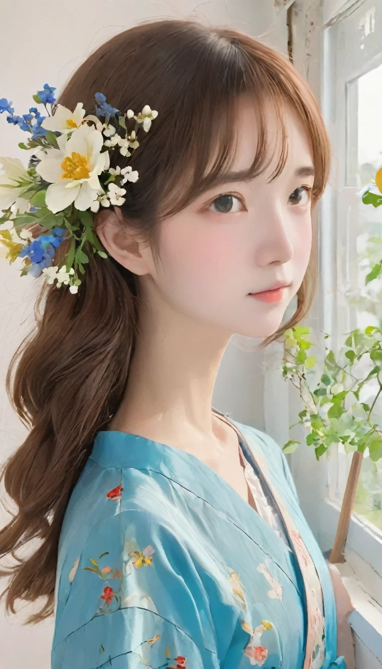 (((Simple configuration)))、(((The background is a white wall:1.2)))、One Girl、14 years old、Perfect Anatomy、絵のようにbeautiful、sketch、Very delicate、Cloud-like wall、、Floral、Delicate depiction、Abstract、Bright colors overall、Gentle color、Taisho romance、(masterpiece、highest quality、highest quality、Official Art、beautiful, beautiful:1.2)、
