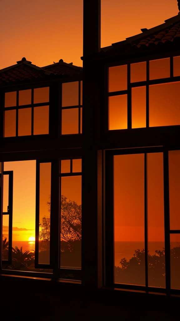 View of a single window of the bungalo (villa), dark time of the day, evening, sunset, 4K quality, high-quality tinted window
