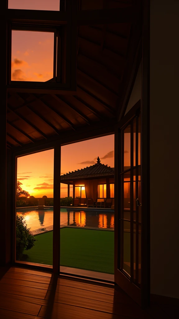 View of a single window of the bungalo (villa), dark time of the day, evening, sunset, 4K quality, high-quality tinted window
