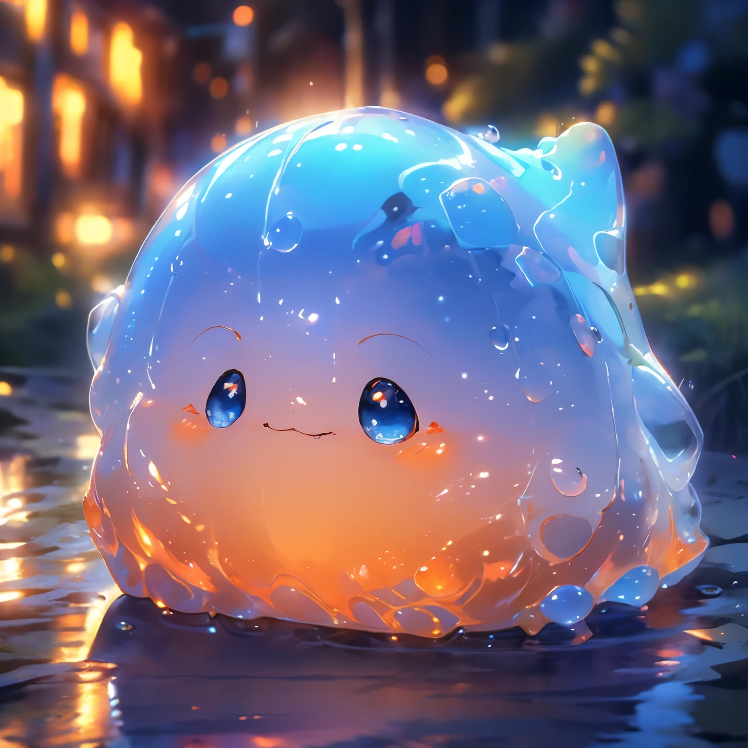 ( Cute Water Slime, Orangeのスライム, Shiny、that&#39;It&#39;s fluffy, Slime Texture, Transparent slime, glitter slime, Orange, 鮮やかなOrange, glitter and magic, Soft and stretchy, Tight fit and elasticity, playfulness and fun,、Playing with a 、Slime bubbles floating) 

(Highest quality, Super detailed, Realistic:1.37), Vibrant colors, Studio Lighting, Vibrant colors, Bokeh