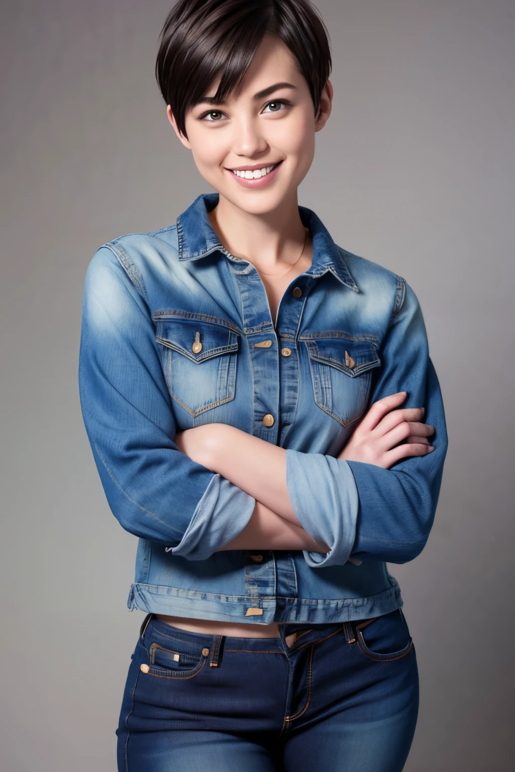 255 20-year-old female, (short hair),jeans, smile