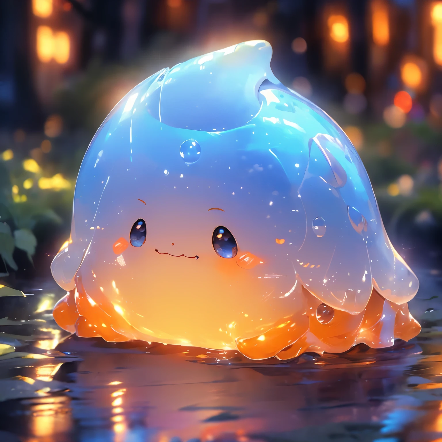 ( Cute Water Slime, Orangeのスライム, Shiny、that&#39;It&#39;s fluffy, Slime Texture, Transparent slime, glitter slime, Orange, 鮮やかなOrange, glitter and magic, Soft and stretchy, Tight fit and elasticity, playfulness and fun,、Playing with a 、Slime bubbles floating) 

(Highest quality, Super detailed, Realistic:1.37), Vibrant colors, Studio Lighting, Vibrant colors, Bokeh