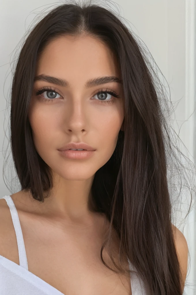 Female model 20 years old, long hair. brunette. Model appearance. Thin, sophisticated. Simple Lunchtime Natural Makeup. Lips are full and seductive.Upper body part photo.