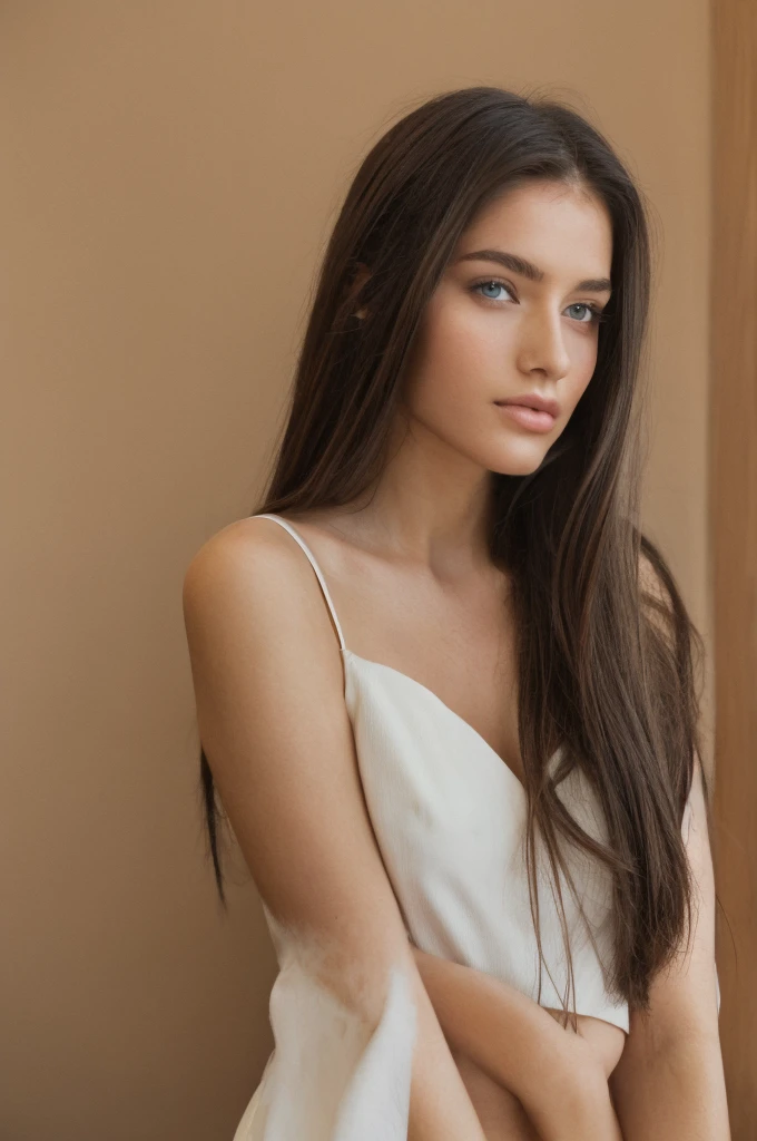 Female model 20 years old, long hair. brunette. Model appearance. Thin, sophisticated. Simple Lunchtime Natural Makeup. Lips are full and seductive.Upper body part photo.