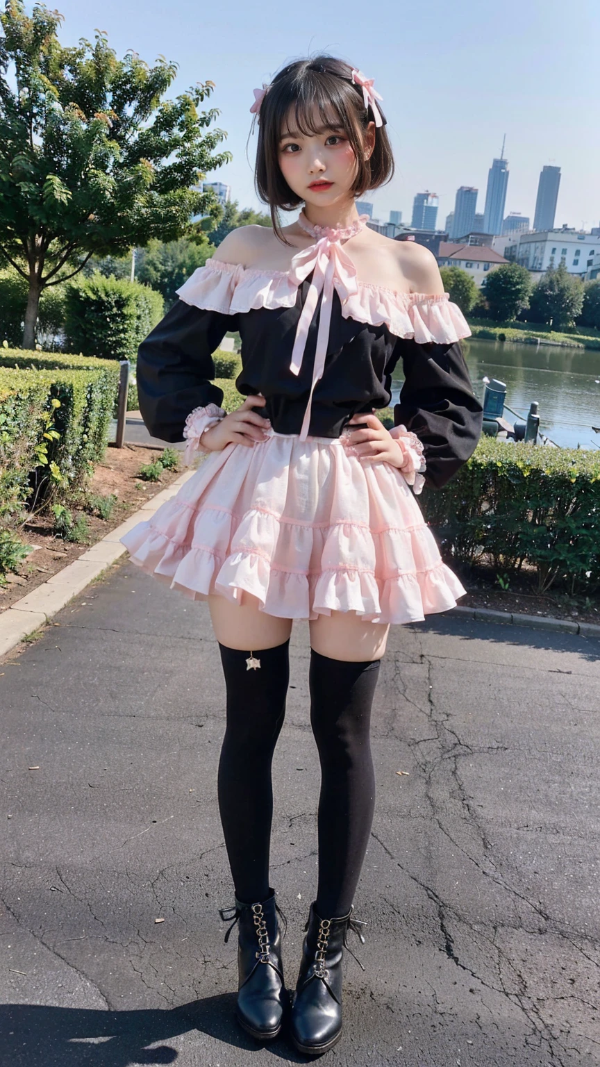(8K、RAW Photos、Highest quality、masterpiece:1.2)、(Highest quality、Realistic)、1 Girl、((Frills、See-through、Off the shoulder、tights、pink and black mini skirt、Thin legs、whole body、boots、garden、View from the front、Looking into the camera、Ribbon Idol Costume、、Stand with hands on hips))、cute