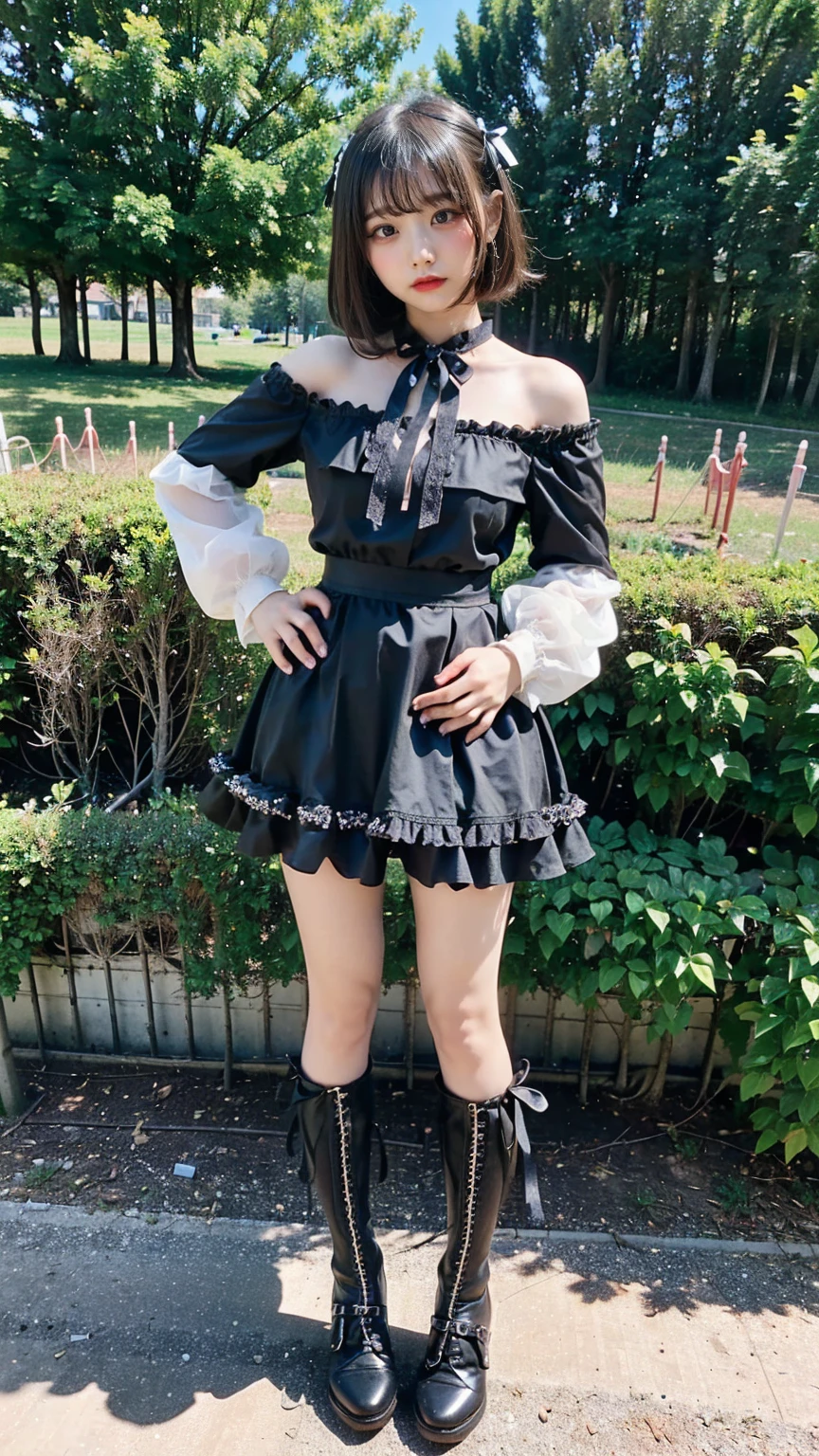 (8K、RAW Photos、Highest quality、masterpiece:1.2)、(Highest quality、Realistic)、1 Girl、((Frills、See-through、Off the shoulder、tights、pink and black mini skirt、Thin legs、whole body、boots、garden、View from the front、Looking into the camera、Ribbon Idol Costume、、Stand with hands on hips))、cute