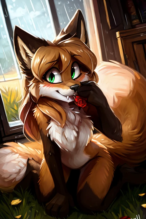 uploaded to E621, by kenket, by Kilinah, by Einshelm, by fluff-kevlar, by foxovh, beautiful and detailed portrait of an anthropomorphic vixen ((female))), (detailed averi), (detailed lighting), (detailed fur), (detailed breasts), BREAK, (cinematic lighting), ((detailed background)), ((depth of field)), (half body shadow), ((looking at viewer)), [backlighting], [detailed ambient light], [ambient light on the belly], [realistic proportions], [explicit content, adult, nsfw], [sharp focus], (questionable content), (shaded), (hi res), ((masterpiece)), (Averi, Fox girl), (anthro, fluffy fur), anthro fox girl, body fur, curvy, sexy, nice, cute, hot, (Averi, Fox girl), green eyes, solo, blushing, flat chest, chest fluff, speech bubble, heart, hearts, shy, coy smile, smile, fangs, exclamation mark, tail tip emanating magnificent magical fire, scarlet fire encircling the tail tip, fiery tail tip, flames emanating from magical fox tail, magical tail fire, fire fox tail, foxfire, on knees, top view, looking up at viewer, raining, wet fur, grass, holding rose in mouth, romantic
