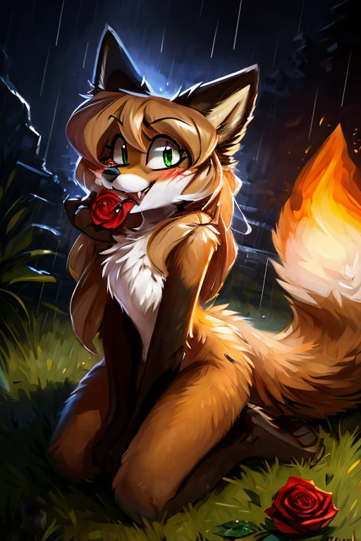 uploaded to E621, by kenket, by Kilinah, by Einshelm, by fluff-kevlar, by foxovh, beautiful and detailed portrait of an anthropomorphic vixen ((female))), (detailed averi), (detailed lighting), (detailed fur), (detailed breasts), BREAK, (cinematic lighting), ((detailed background)), ((depth of field)), (half body shadow), ((looking at viewer)), [backlighting], [detailed ambient light], [ambient light on the belly], [realistic proportions], [explicit content, adult, nsfw], [sharp focus], (questionable content), (shaded), (hi res), ((masterpiece)), (Averi, Fox girl), (anthro, fluffy fur), anthro fox girl, body fur, curvy, sexy, nice, cute, hot, (Averi, Fox girl), green eyes, solo, blushing, flat chest, chest fluff, speech bubble, heart, hearts, shy, coy smile, smile, fangs, exclamation mark, tail tip emanating magnificent magical fire, scarlet fire encircling the tail tip, fiery tail tip, flames emanating from magical fox tail, magical tail fire, fire fox tail, foxfire, on knees, top view, looking up at viewer, raining, wet fur, grass, holding rose in mouth, romantic