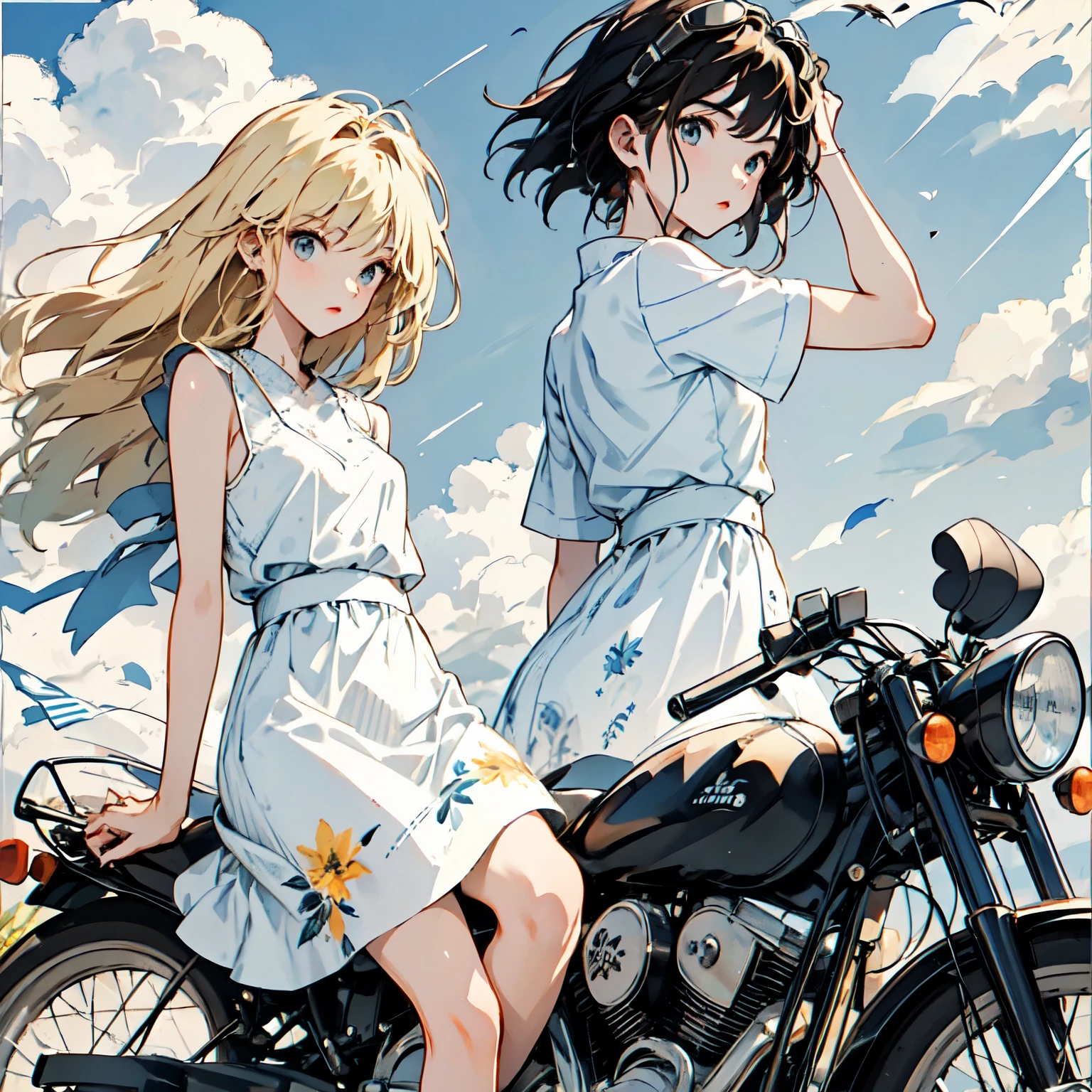 (Ride a classic motorcycle )、（Goggles and helmet）、 summer, Wind, scratch, sun,, Perfect face and blonde hair、Wearing a light summer dress、Delicate beauty in black boots、