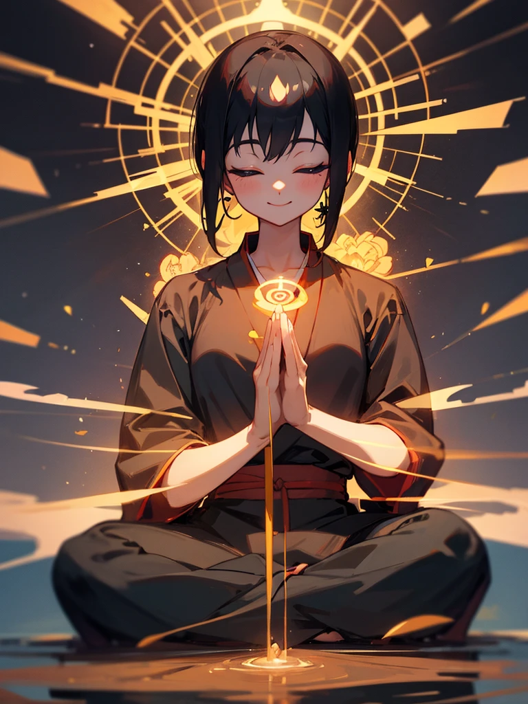 Amitabha Buddha smiling eyes closed zazen halo black hair hands together