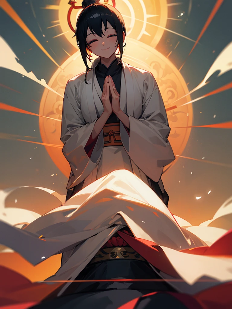 Amitabha Buddha smiling eyes closed zazen halo black hair hands together