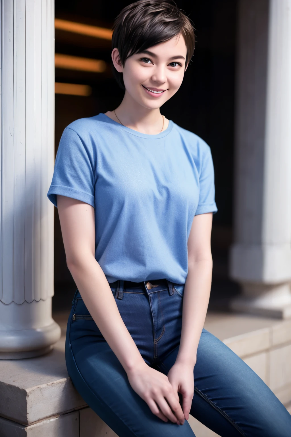 255 20-year-old female, (short hair),jeans, smile