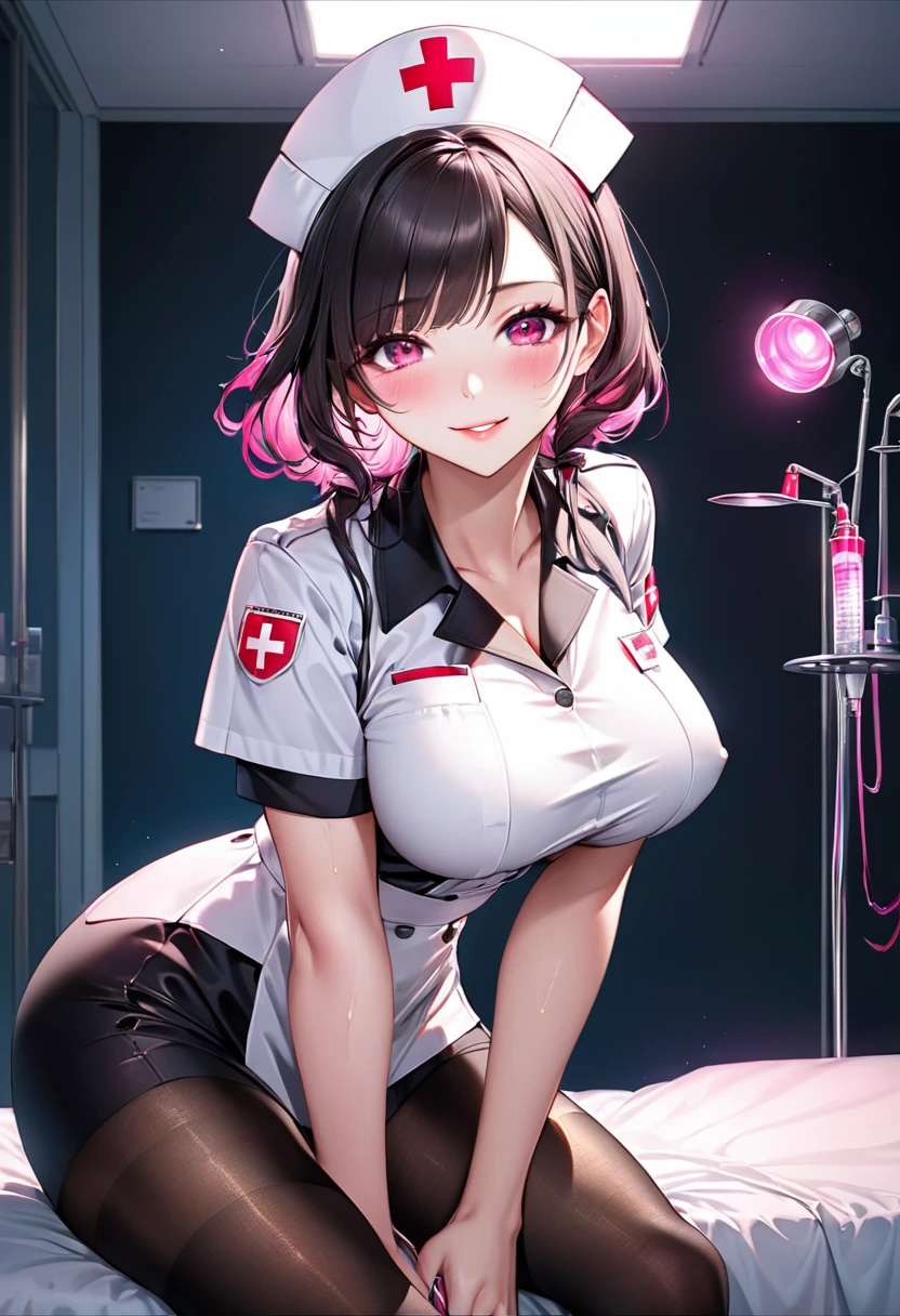 Young beautiful woman,(Highest quality,Extremely detailed depiction,Incredibly absurd high resolution,Anatomically accurate depiction,Nice hands, Perfect Fingers,Curvy Legs),(Glowing Skin,Shiny skin),(Black nurse uniform,Black nurse hat,black tights,syringe),eyelash,Pink Eyes,eye shadow,There is cleavage in the chest,A seductive smile,Large Breasts,Glossy Lips,Shadowed face,Sweat,whole body,background:Hospital room at night,Sitting,Pink Light,From below