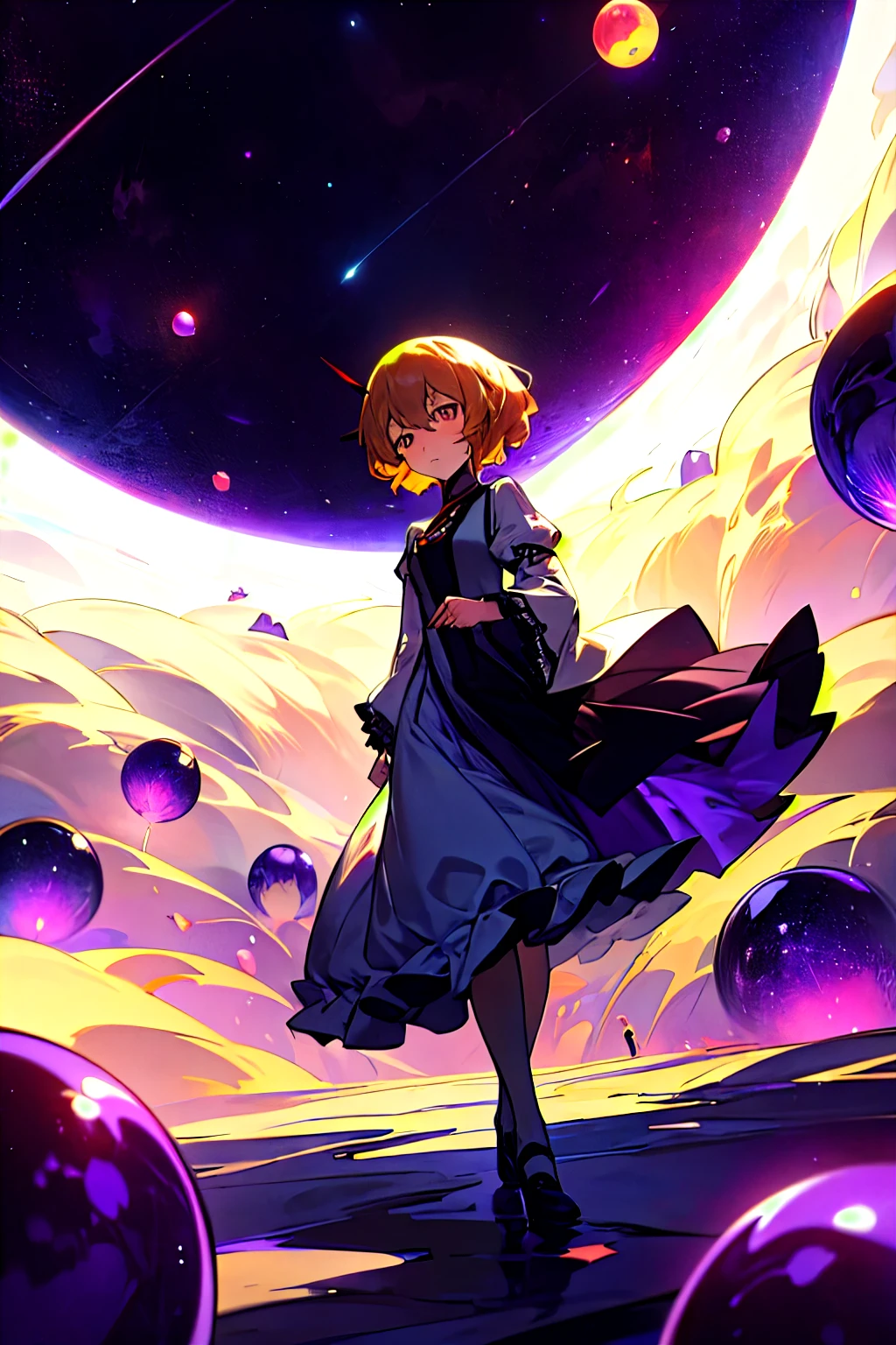 masterpiece, best quality, 1 Girl, Solitary, Yakumo Yukari walks out of space surrounded by purple gems