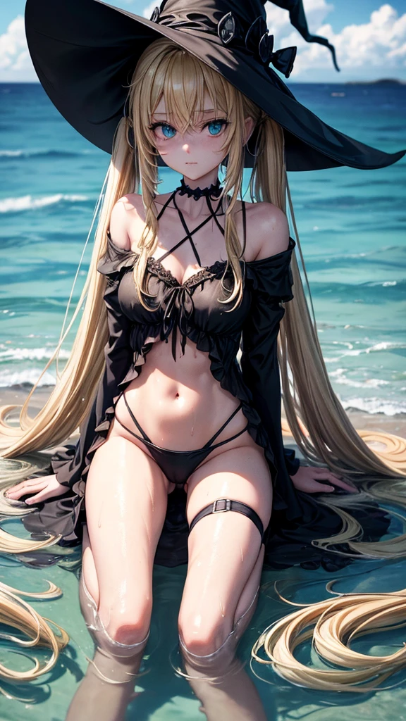 very slender. Long, blonde hair. She has green eyes. pigtails tied wearing a large witch hat. Wearing a black swimsuit, wet clothes, beach background, kneeling 