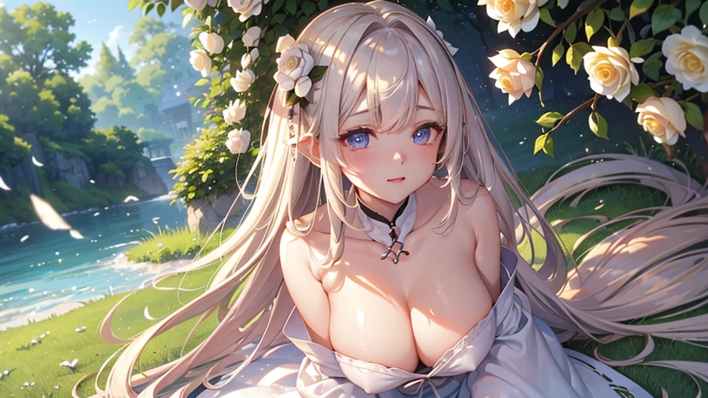 Lolita、White Rose Shrub、Soft Skin、Warm skin、Fair skin、Blue eyes、Eyes that seem to be sucked in、Blonde、A little long hair、grass、White rose hair ornament、４ｋ、白いLolita服、love、Lying down、Spring warmth、garden、Clear skin、sunshine、広いgarden、広いgrass、Anatomically correct body、広いgardenの地面に寝そべってひなたぼっこをしている彼女、Fine detailasterpiece、Very small breasts、Spring warmth、 Girl、Inviting Light、almost no breasts、