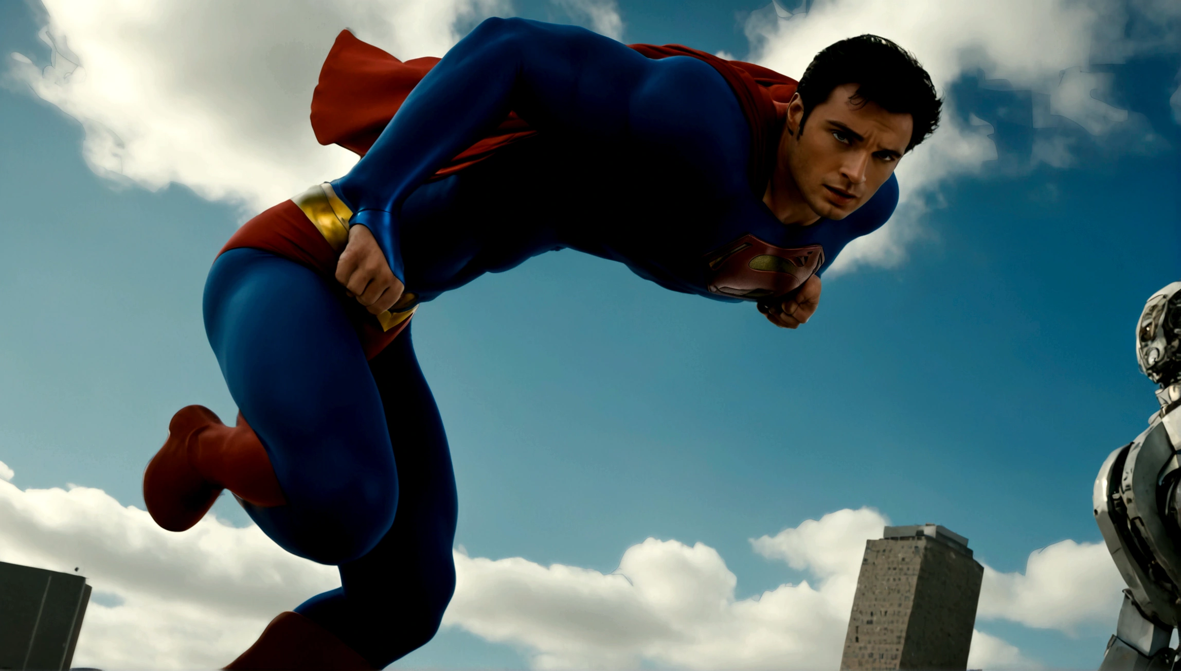back of Superman played by Tom Welling punching big robot into the sky