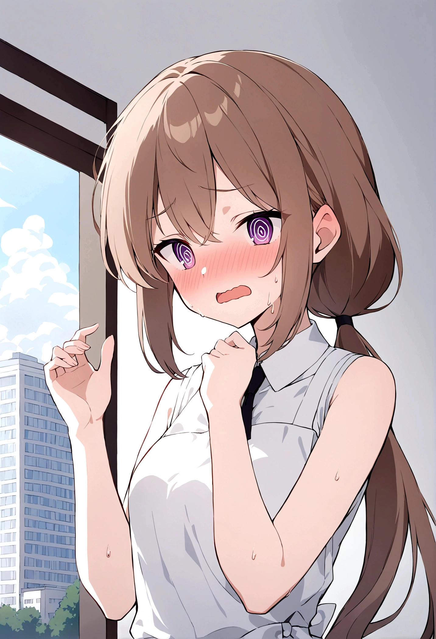 slender, mature female,blush, 1girl, shirt, bangs, white_shirt, open_mouth, solo, purple_eyes, eyebrows_visible_through_hair, indoors, collared_shirt, sweat, long_hair, window, sidelocks, nose_blush, upper_body, brown_hair, sleeveless_dress, @_@, sleeveless, hand_up, wavy_mouth, hair_between_eyes, apron, ponytail, hands_up, looking_at_viewer, outdoors, looking_away, building, low_ponytail, sky