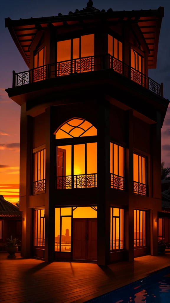 Outside view of a single window of the bungalo (villa), dark time of the day, evening, sunset, 4K quality, high-quality tinted window