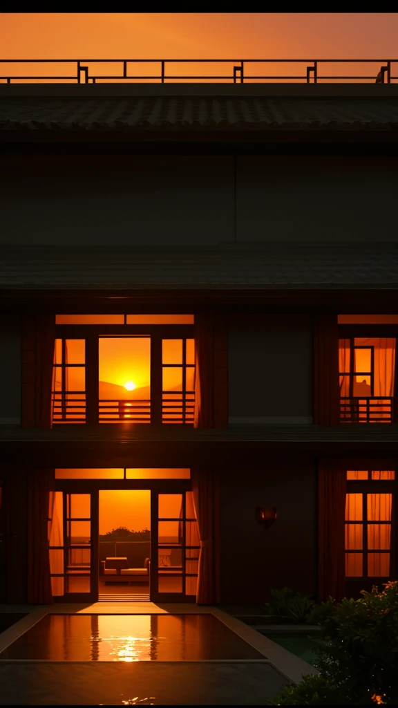 Outside view of a single window of the bungalo (villa), dark time of the day, evening, sunset, 4K quality, high-quality tinted window