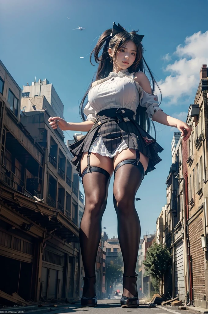Chest、Sweat it out、The building collapses、Urban hustle and bustle、Traffic jam、City of Rubble、street tree、((((Azur Lane Cheshire Cosplay))))、Frilled maid outfit、Super huge breasts、Plump thighs、Ground View,City of Giants,500 foot tall giant girl,skyscraper,Has super long legs,Step into the crowd,There are many people on the street,Knee-high socks,She has waist-length black hair,Wear Mary Jane heels,A happy look,Standing on the ruins,Beautiful appearance,Exquisite makeup,quality,8K,高quality,Perfect Proportions, Cinema Lighting,Film Grain,The Colors of Fuji,8K,Textured skin,Super Detail,High detail,high quality,High resolution,explode,False Smile,Show your pants
