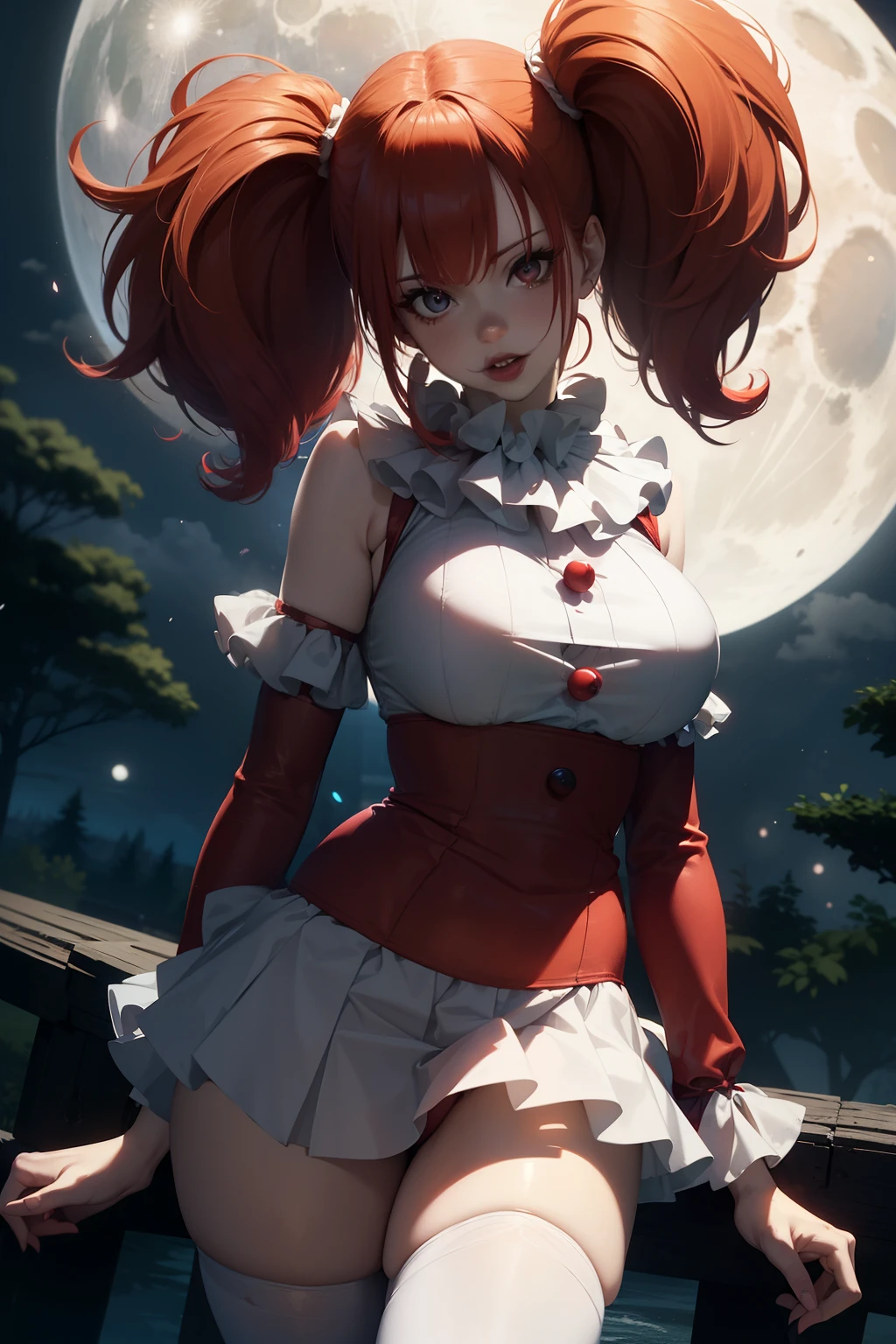 Ultra realistic, , teen female  , red hair twintails frinje, clown , beautiful face , provocation, big  breasts ,voluptuous   ,pennywise costume white , sexy , tight mini-skirt, sexy . Night  , background moon. Menacing 