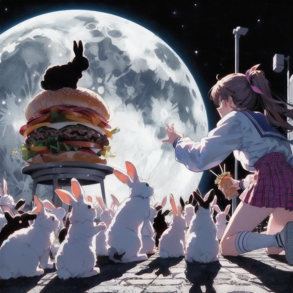 Anime girl with burger and rabbit on the moon, smile,Earth in the sky,,Anime Food, 80s anime art style, Anime Wallpaper,, Kantai Collection Style, Official artwork, Anime-style illustrations, Anime Cover, High quality anime art style, Trending Anime Art, 80s anime style