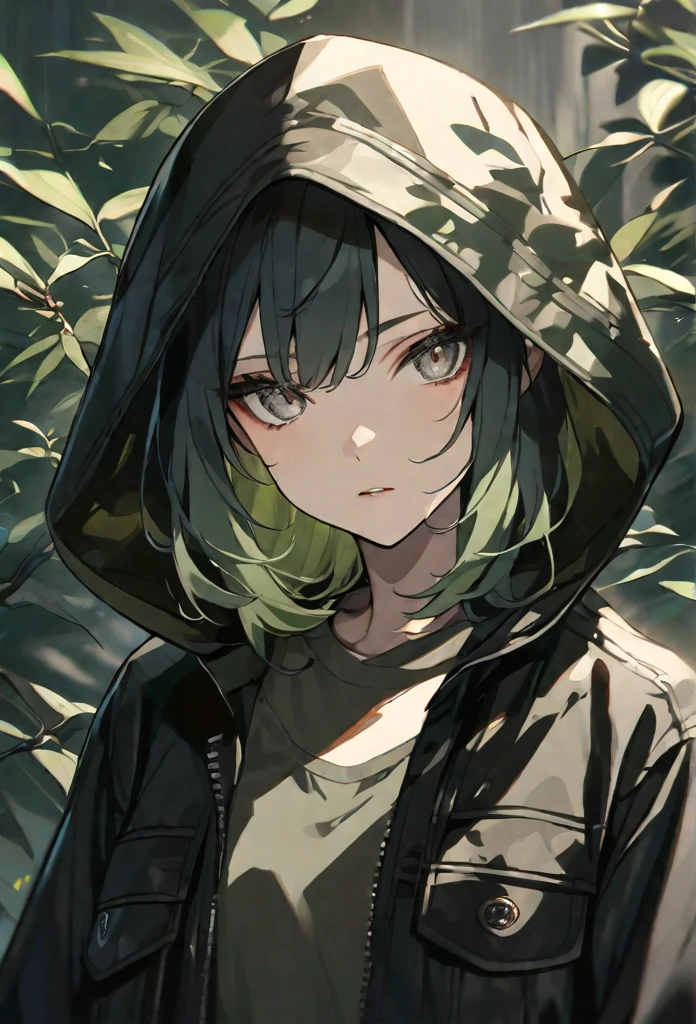 solo, 1 female, black hair and light green hair, gray eyes, dark olive shirt, black jacket hood