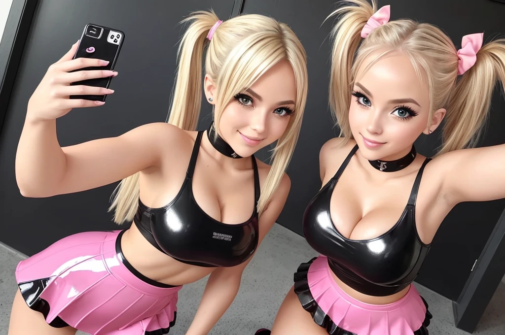 selfie of 2 girls on one, best friends having fun, Beautiful, innocent, cute, cleavage, blonde hair, tight clothes, BLACK PINK LATEX mini skirt, Pigtails, ponytail, Dark eye makeup